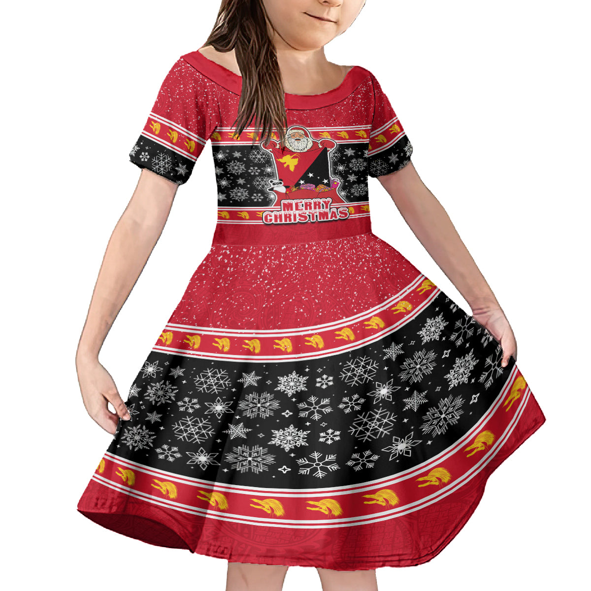 Custom Papua New Guinea Christmas Kid Short Sleeve Dress Santa With Flag Of PNG Polynesian Tribal Xmas Vibe LT03 KID Red - Polynesian Pride