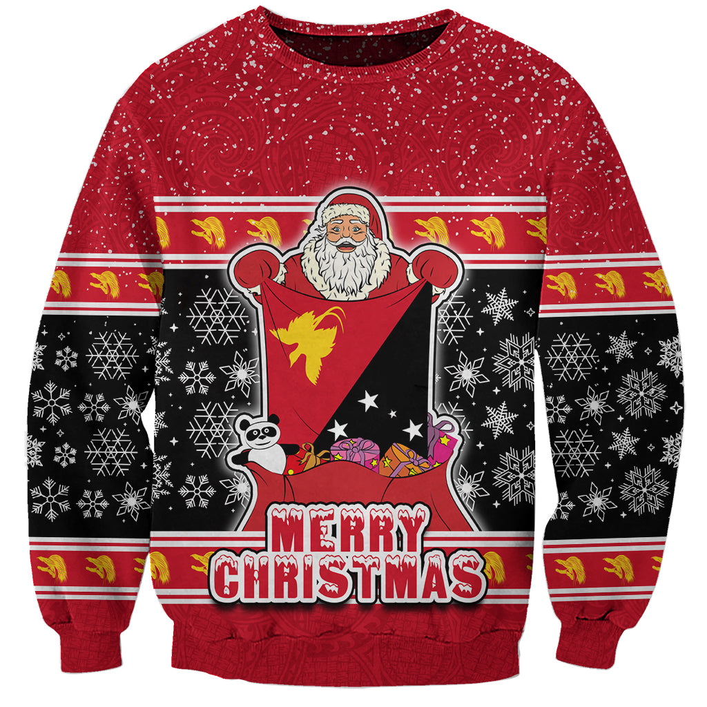 Custom Papua New Guinea Christmas Sweatshirt Santa With Flag Of PNG Polynesian Tribal Xmas Vibe LT03 Unisex Red - Polynesian Pride