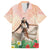 Woman Polynesian Tattoos Family Matching Off Shoulder Short Dress and Hawaiian Shirt Tropical Flower - Peach Fuzz Color