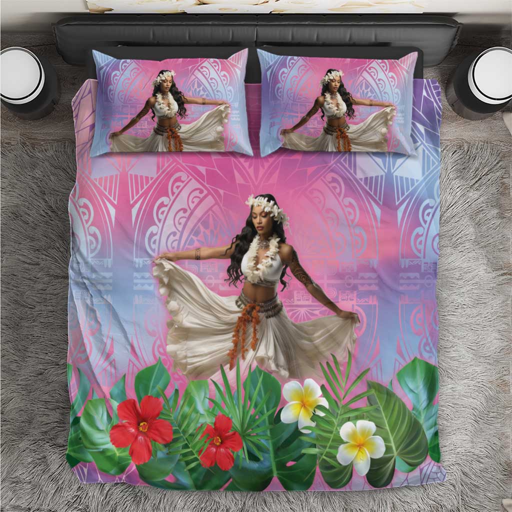 Woman Polynesian Tattoos Bedding Set Tropical Flower - Sweets Vibrant Color LT03 Vibrant Gradient - Polynesian Pride