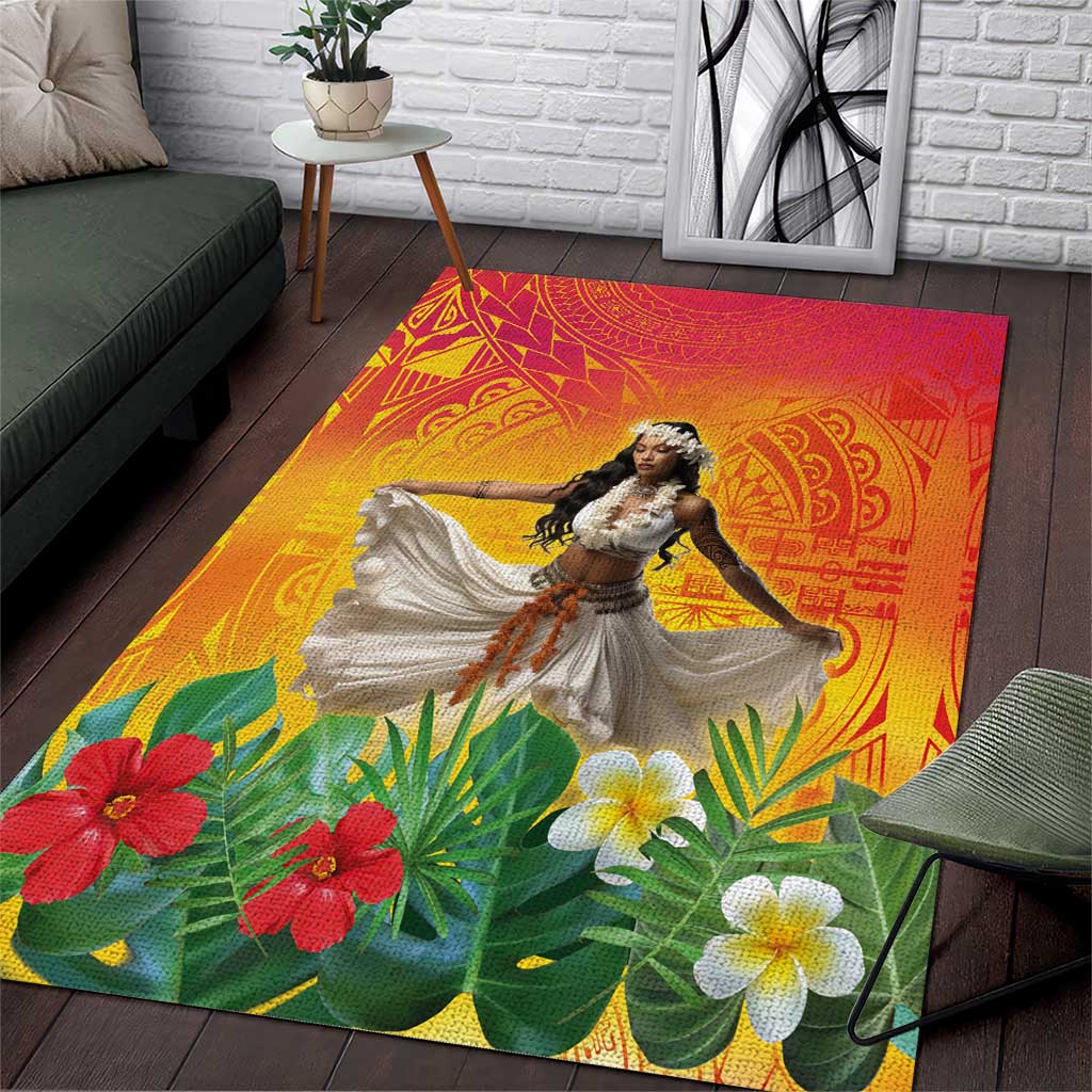 Woman Polynesian Tattoos Area Rug Tropical Flower - Vibrant Hot Color