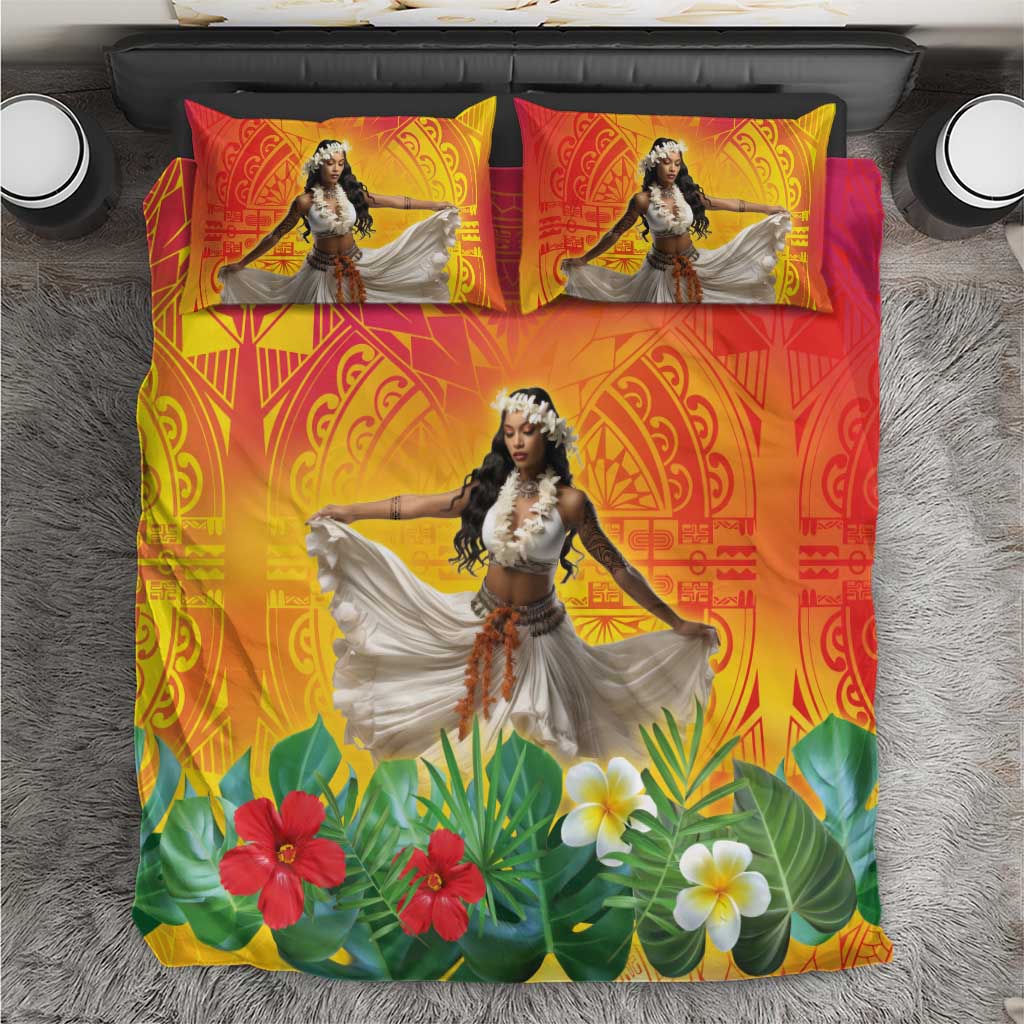 Woman Polynesian Tattoos Bedding Set Tropical Flower - Vibrant Hot Color LT03 Vibrant Gradient - Polynesian Pride