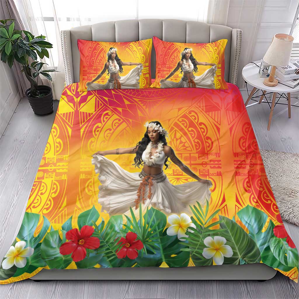 Woman Polynesian Tattoos Bedding Set Tropical Flower - Vibrant Hot Color LT03 - Polynesian Pride