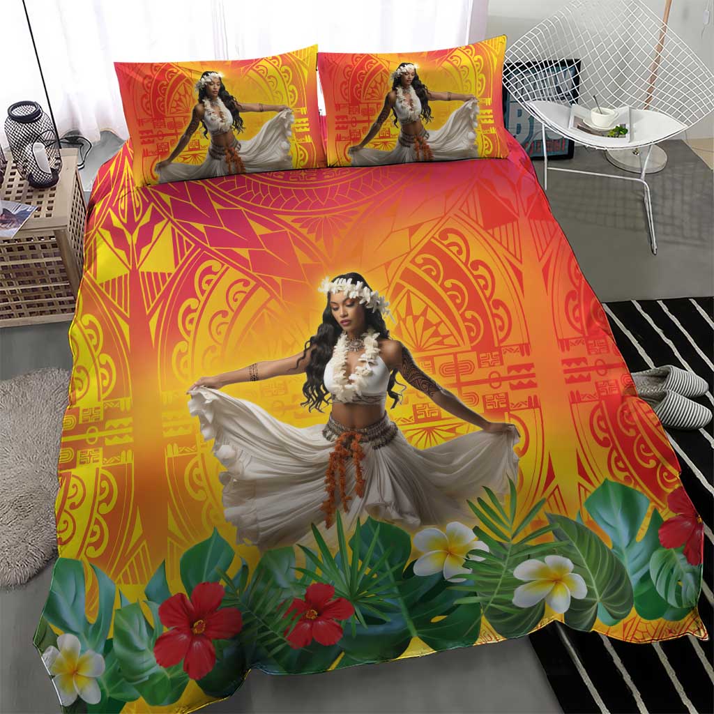 Woman Polynesian Tattoos Bedding Set Tropical Flower - Vibrant Hot Color LT03 - Polynesian Pride