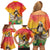 Woman Polynesian Tattoos Family Matching Off Shoulder Short Dress and Hawaiian Shirt Tropical Flower - Vibrant Hot Color