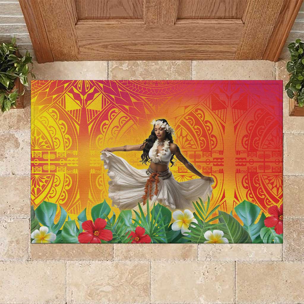 Woman Polynesian Tattoos Rubber Doormat Tropical Flower - Vibrant Hot Color LT03 Vibrant Gradient - Polynesian Pride