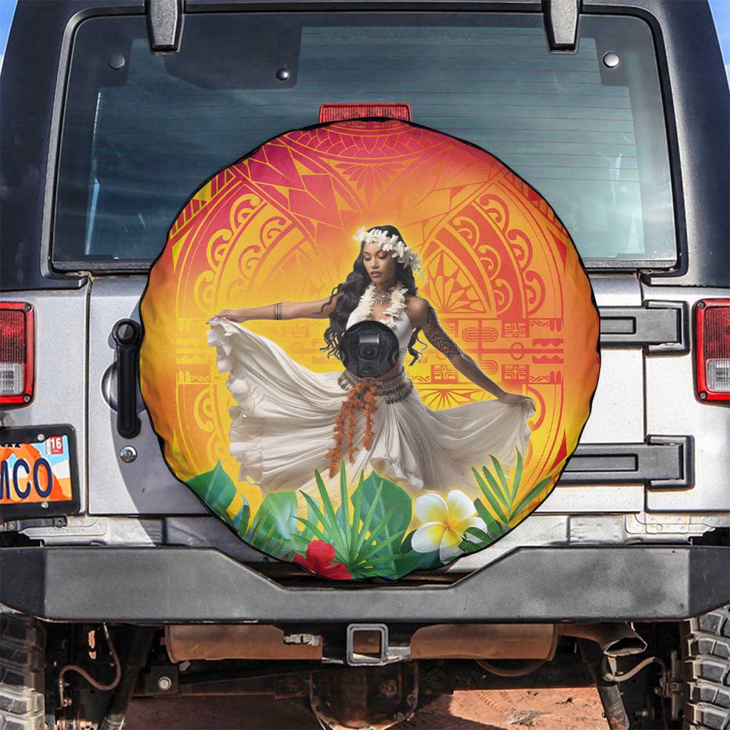 Woman Polynesian Tattoos Spare Tire Cover Tropical Flower - Vibrant Hot Color