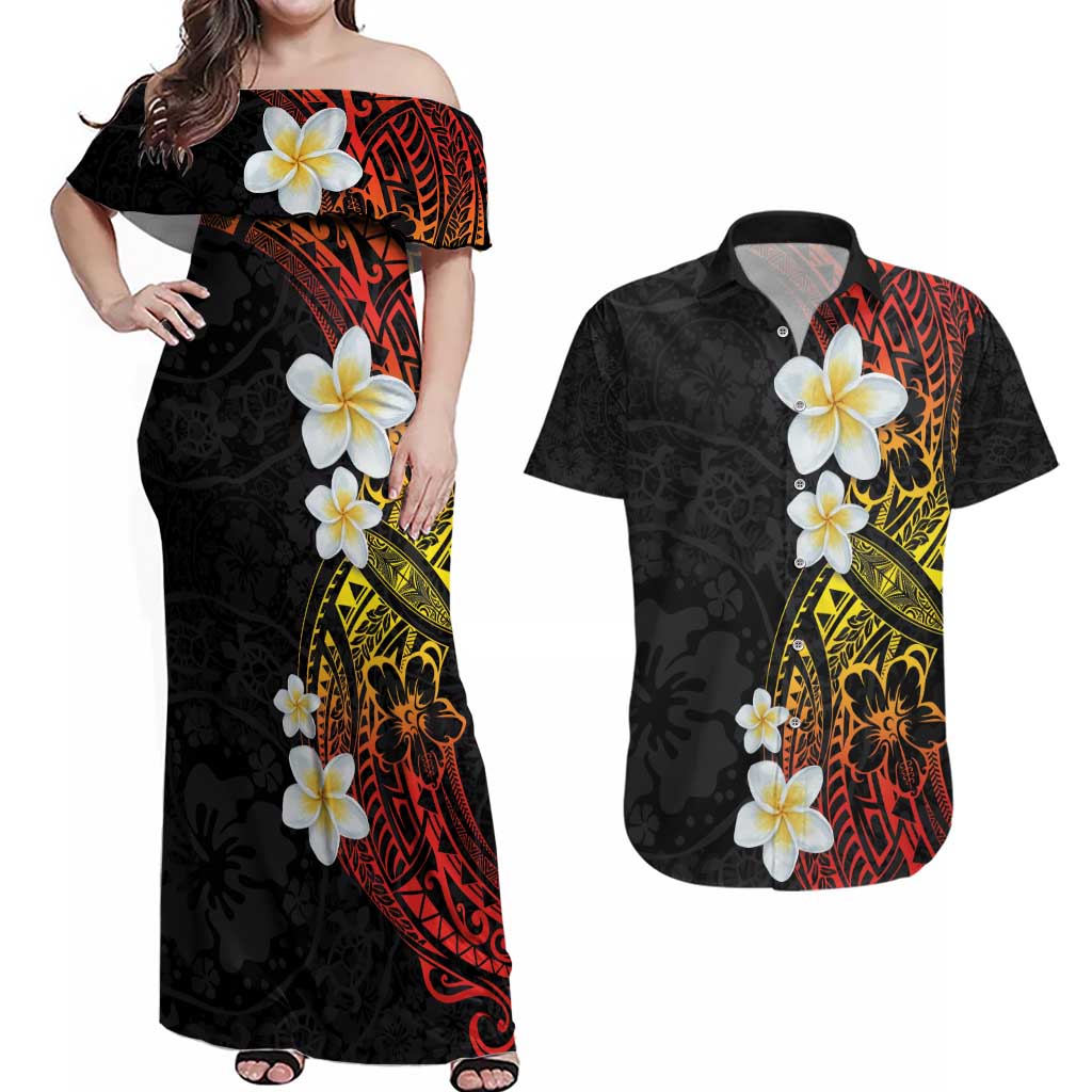 Plumeria Couples Matching Off Shoulder Maxi Dress and Hawaiian Shirt Polynesian Tribal Frangipani Sunset