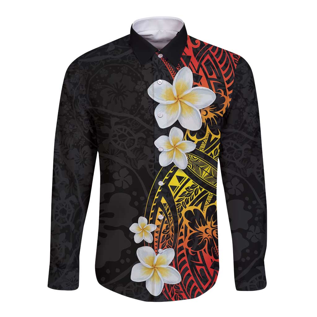 Plumeria Long Sleeve Button Shirt Polynesian Tribal Frangipani Sunset LT03 Unisex Black - Polynesian Pride