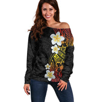 Plumeria Off Shoulder Sweater Polynesian Tribal Frangipani Sunset LT03 Women Black - Polynesian Pride