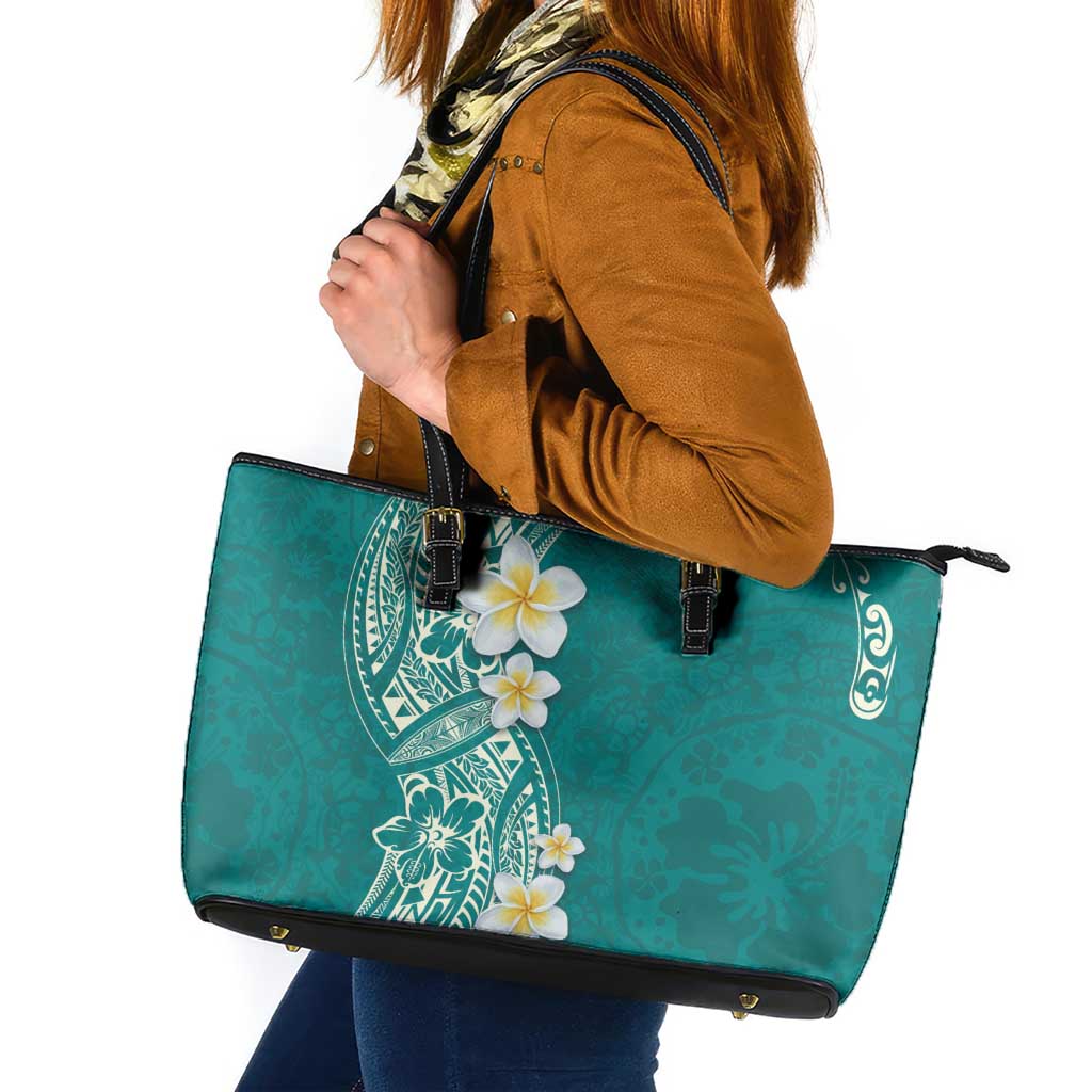 Plumeria Leather Tote Bag Polynesian Tribal Frangipani Teal LT03 Teal - Polynesian Pride