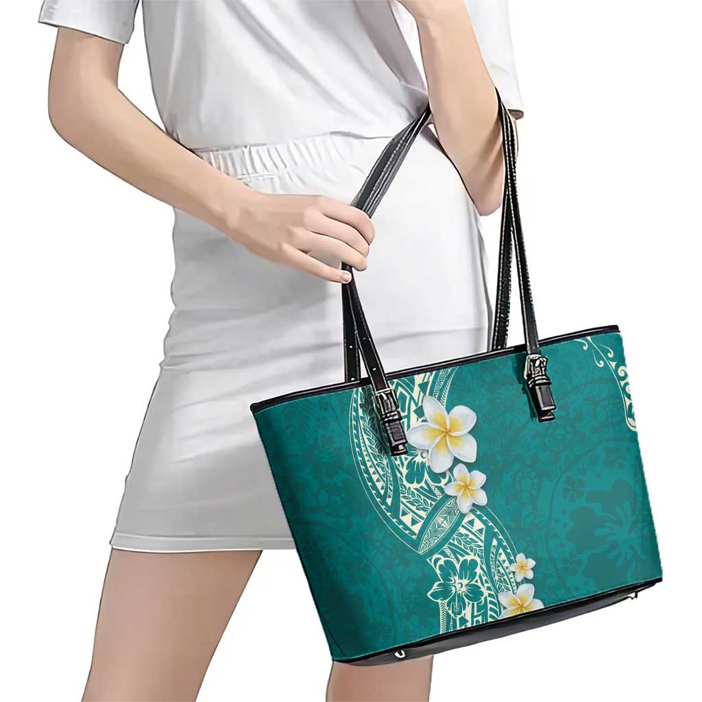 Plumeria Leather Tote Bag Polynesian Tribal Frangipani Teal LT03 - Polynesian Pride