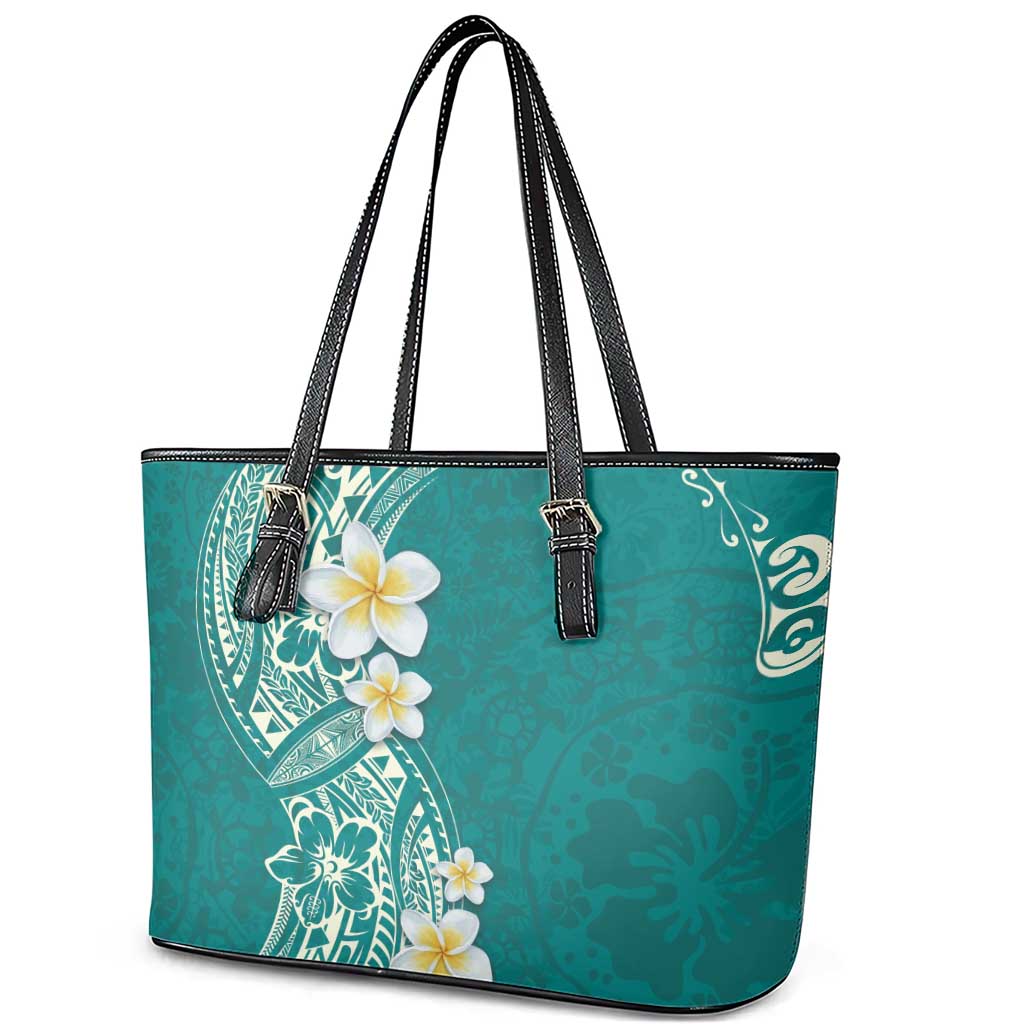 Plumeria Leather Tote Bag Polynesian Tribal Frangipani Teal LT03 - Polynesian Pride