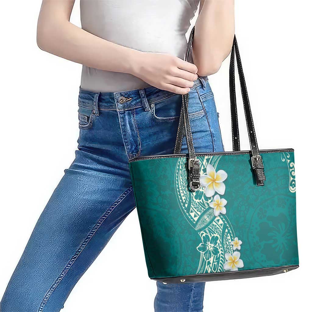 Plumeria Leather Tote Bag Polynesian Tribal Frangipani Teal LT03 - Polynesian Pride
