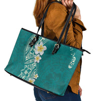 Plumeria Leather Tote Bag Polynesian Tribal Frangipani Teal LT03 - Polynesian Pride