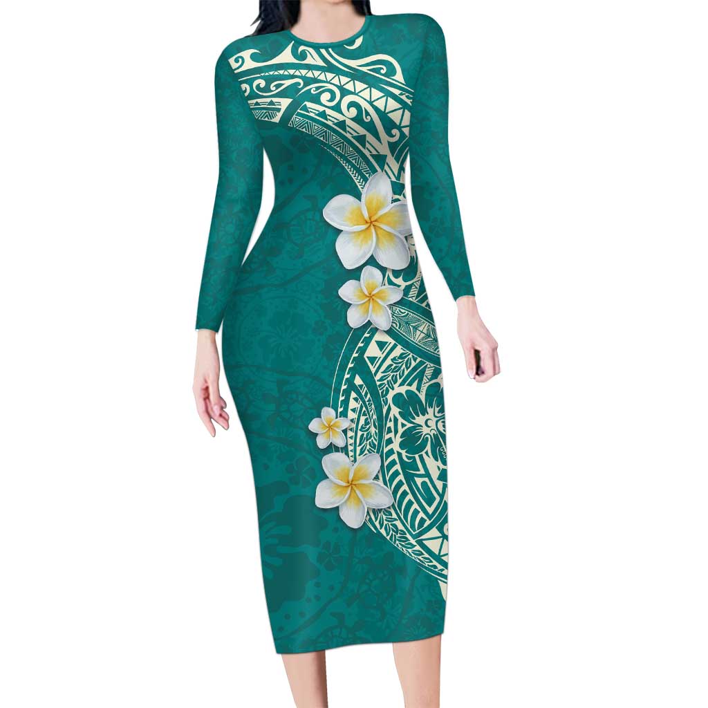 Plumeria Long Sleeve Bodycon Dress Polynesian Tribal Frangipani Teal LT03 Long Dress Teal - Polynesian Pride