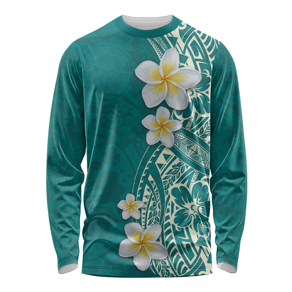 Plumeria Long Sleeve Shirt Polynesian Tribal Frangipani Teal LT03 Unisex Teal - Polynesian Pride