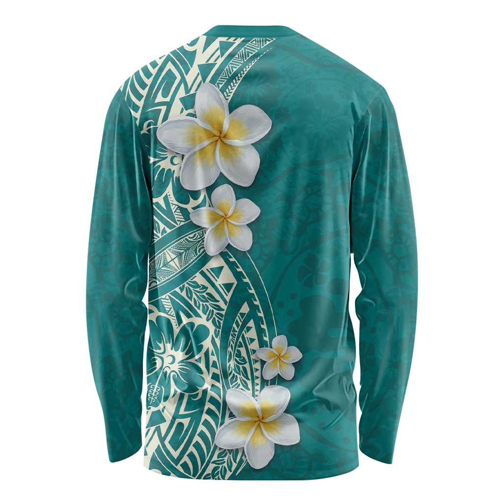 Plumeria Long Sleeve Shirt Polynesian Tribal Frangipani Teal LT03 - Polynesian Pride