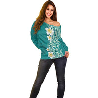 Plumeria Off Shoulder Sweater Polynesian Tribal Frangipani Teal LT03 - Polynesian Pride