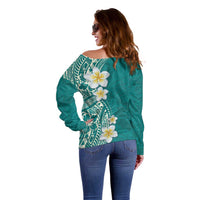 Plumeria Off Shoulder Sweater Polynesian Tribal Frangipani Teal LT03 - Polynesian Pride