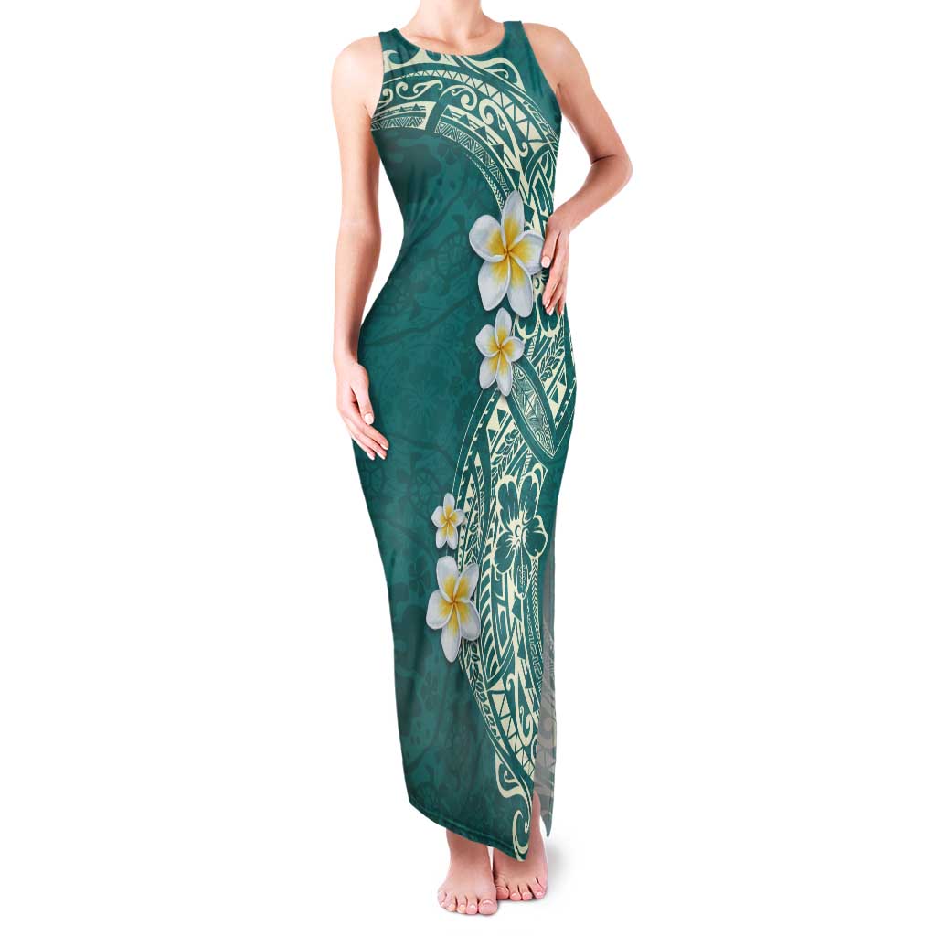 Plumeria Tank Maxi Dress Polynesian Tribal Frangipani Teal LT03 Women Teal - Polynesian Pride