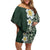 Plumeria Off Shoulder Short Dress Polynesian Tribal Frangipani Green