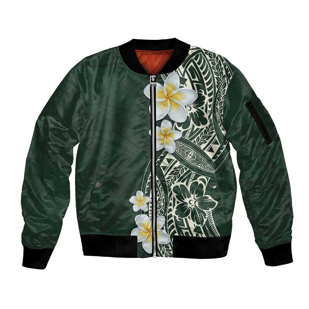 Plumeria Sleeve Zip Bomber Jacket Polynesian Tribal Frangipani Green LT03 Unisex Green - Polynesian Pride