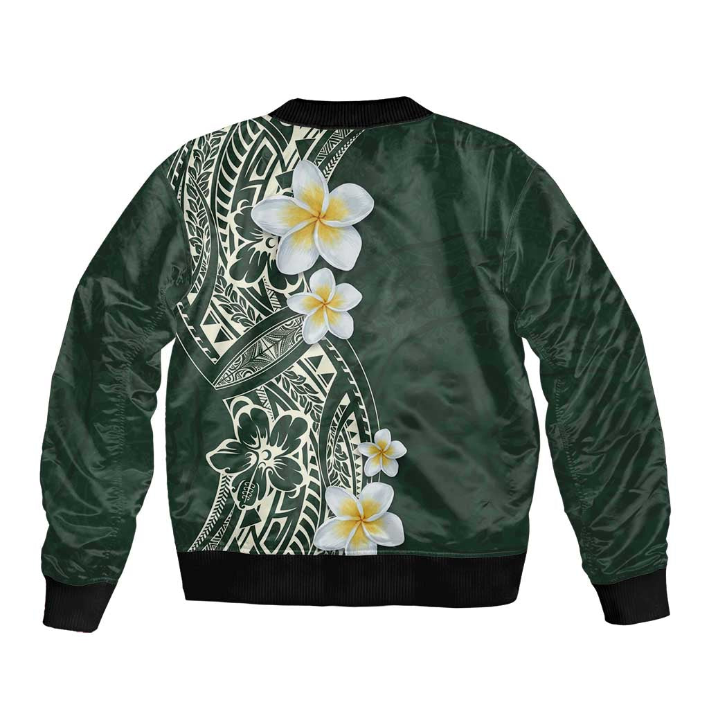 Plumeria Sleeve Zip Bomber Jacket Polynesian Tribal Frangipani Green LT03 - Polynesian Pride