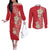 Plumeria Couples Matching Off The Shoulder Long Sleeve Dress and Long Sleeve Button Shirt Polynesian Tribal Frangipani Red