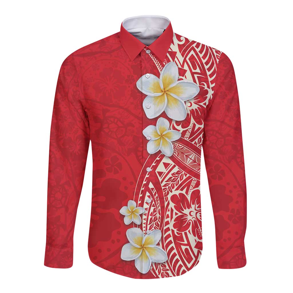 Plumeria Long Sleeve Button Shirt Polynesian Tribal Frangipani Red LT03 Unisex Red - Polynesian Pride