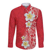 Plumeria Long Sleeve Button Shirt Polynesian Tribal Frangipani Red LT03 Unisex Red - Polynesian Pride