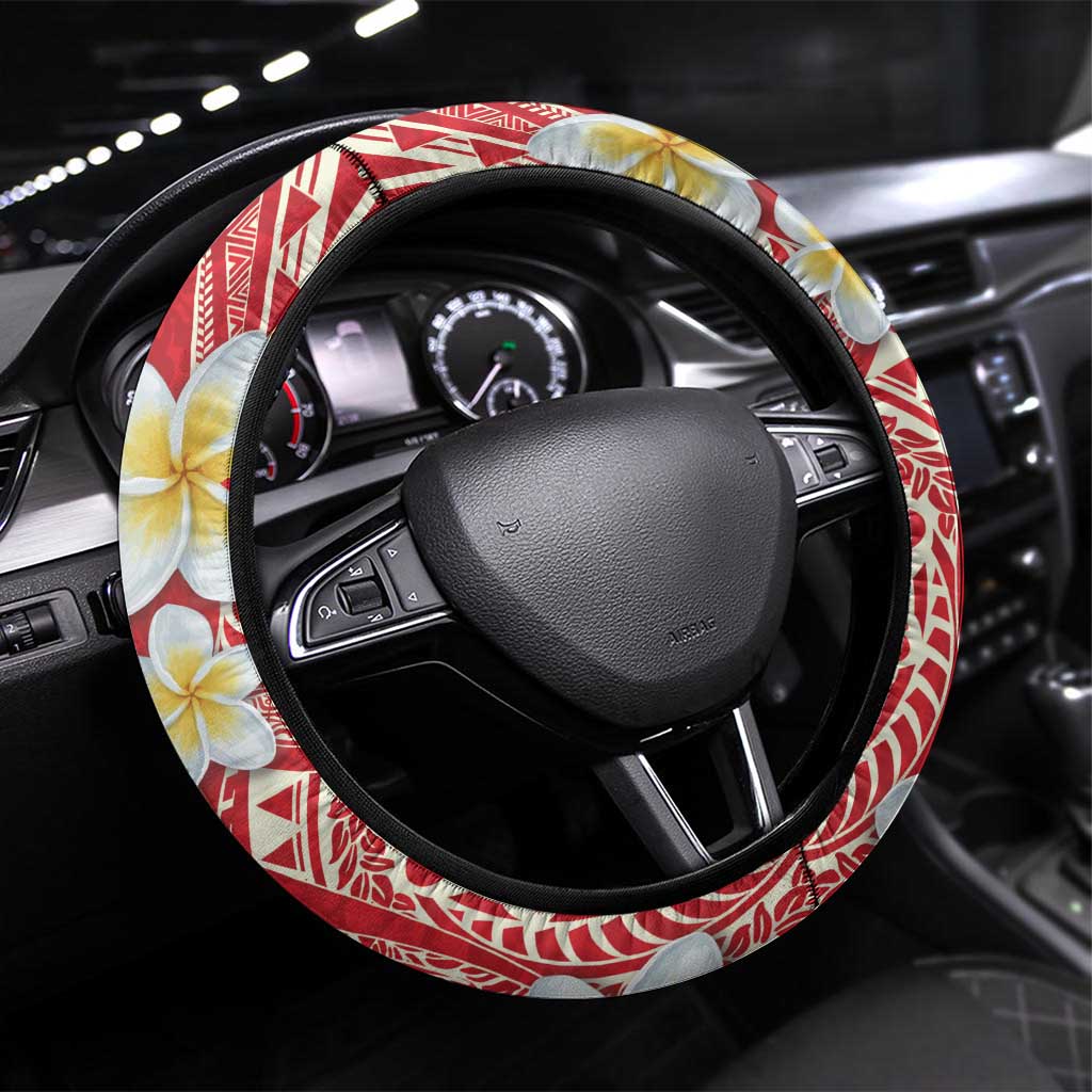 Plumeria Steering Wheel Cover Polynesian Tribal Frangipani Red