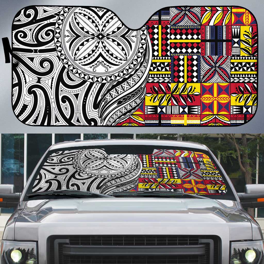Niue Hiapo and Maori Decoration Tattoos Auto Sun Shade LT03 White - Polynesian Pride