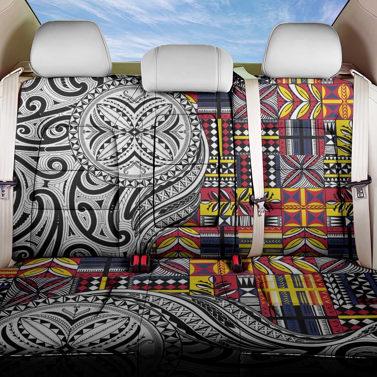 Niue Hiapo and Maori Decoration Tattoos Back Car Seat Cover LT03 One Size White - Polynesian Pride