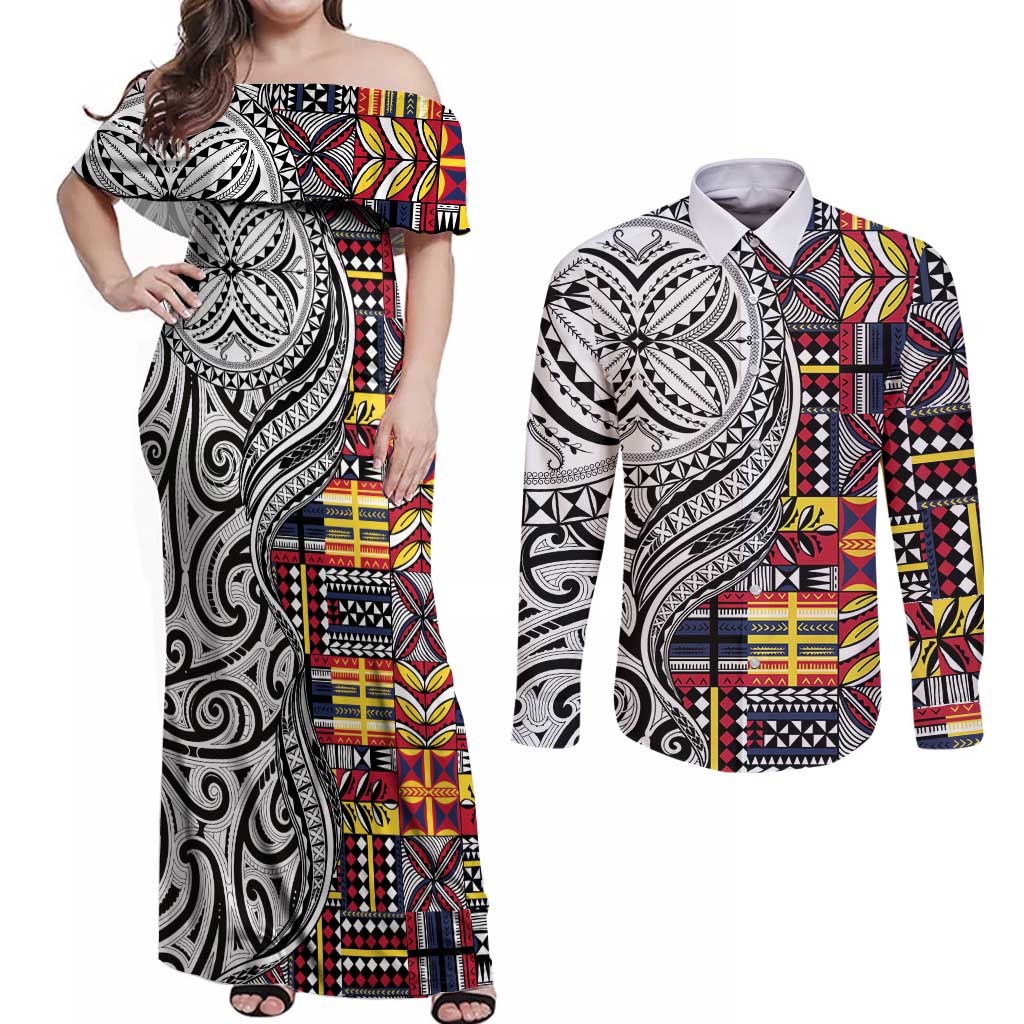 Niue Hiapo and Maori Decoration Tattoos Couples Matching Off Shoulder Maxi Dress and Long Sleeve Button Shirt LT03 White - Polynesian Pride