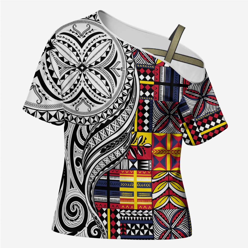 Niue Hiapo and Maori Decoration Tattoos Cross Shoulder Shirt LT03 Female White - Polynesian Pride