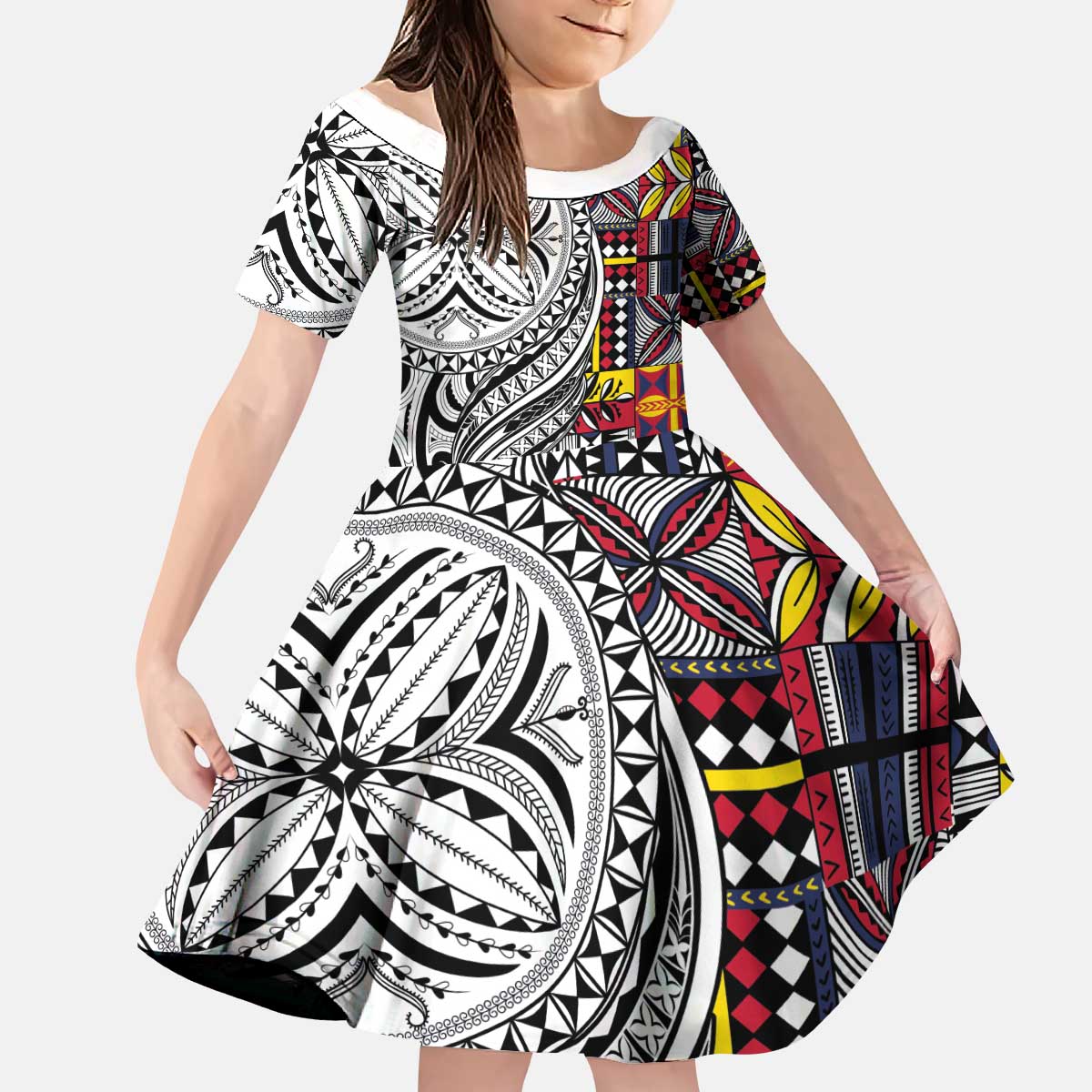Niue Hiapo and Maori Decoration Tattoos Kid Short Sleeve Dress LT03 KID White - Polynesian Pride