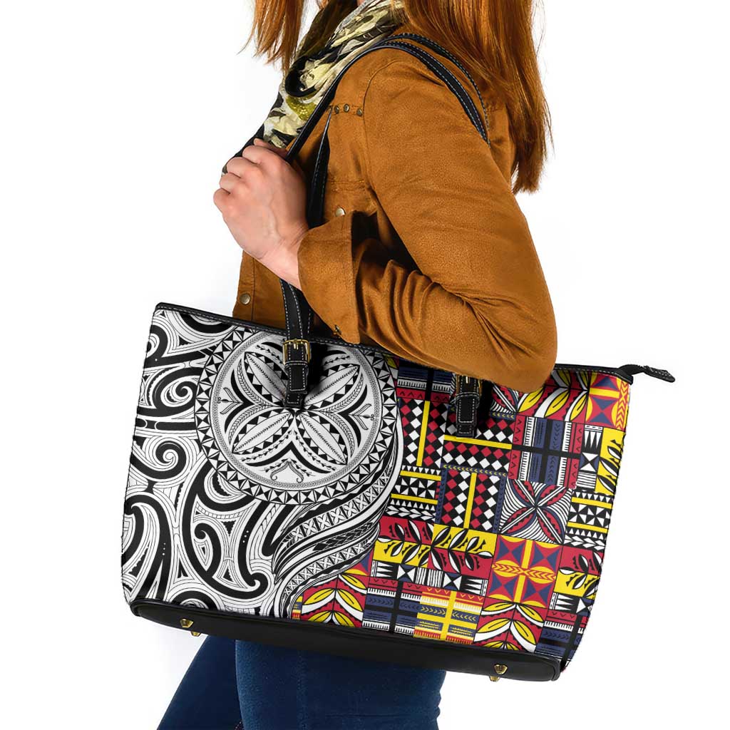 Niue Hiapo and Maori Decoration Tattoos Leather Tote Bag LT03 White - Polynesian Pride