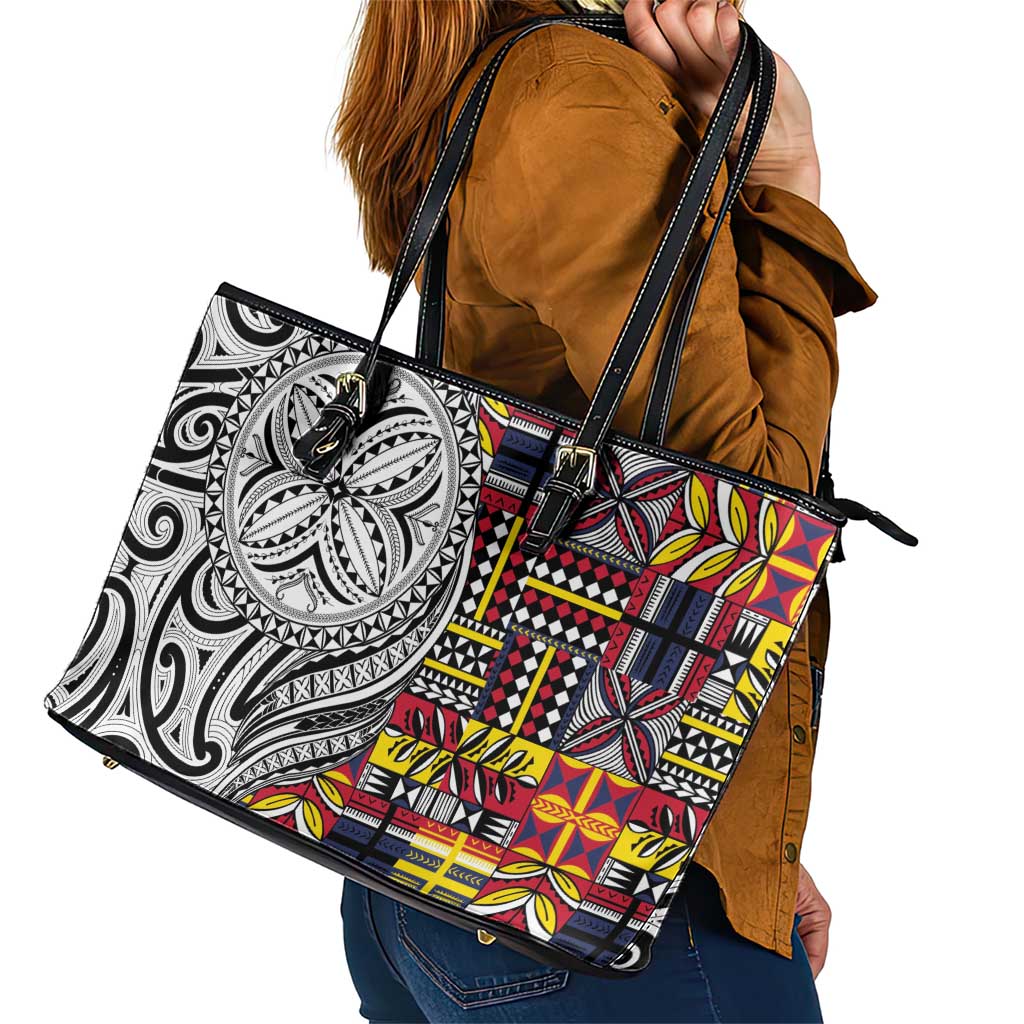 Niue Hiapo and Maori Decoration Tattoos Leather Tote Bag LT03 - Polynesian Pride