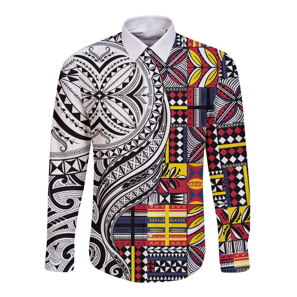 Niue Hiapo and Maori Decoration Tattoos Long Sleeve Button Shirt LT03 Unisex White - Polynesian Pride