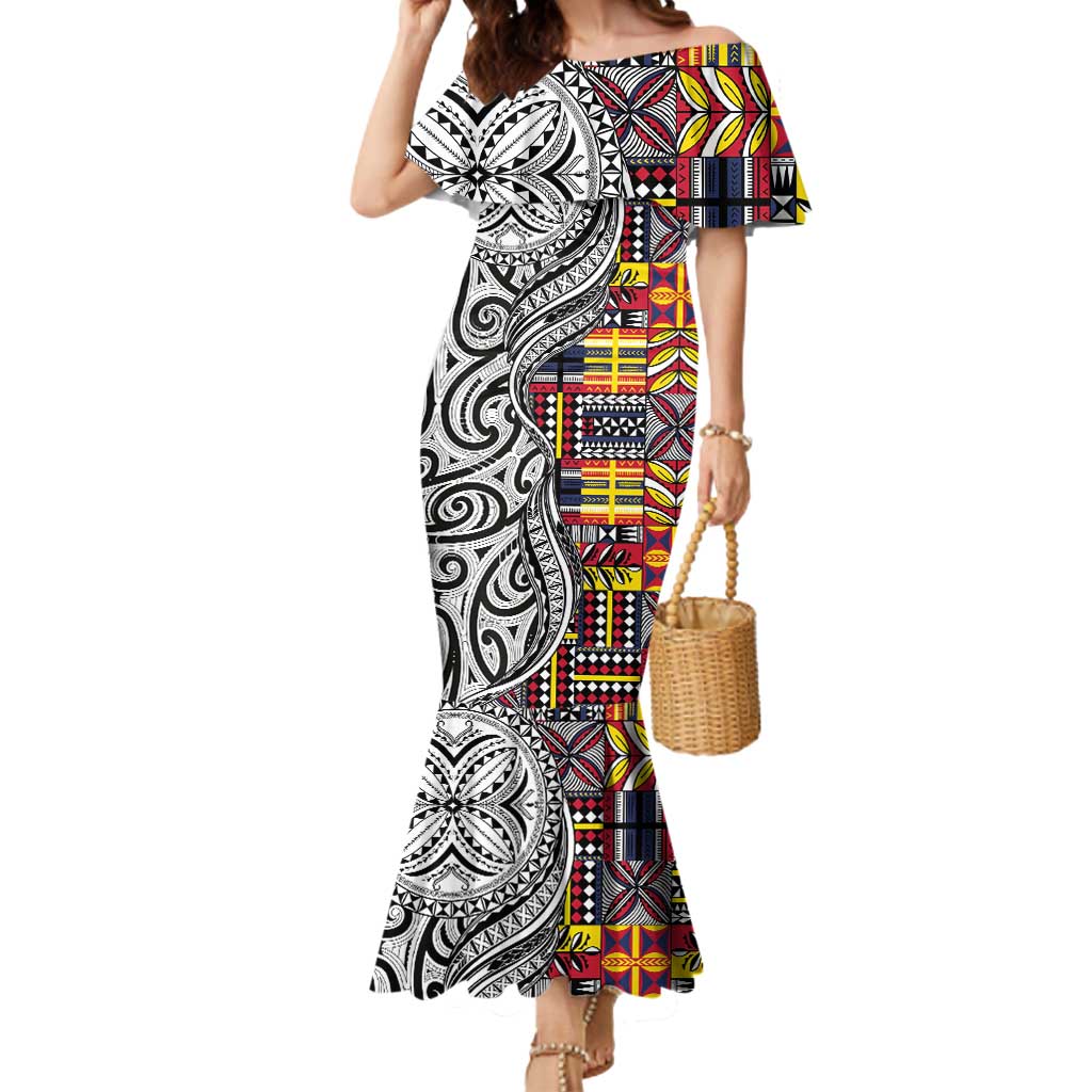 Niue Hiapo and Maori Decoration Tattoos Mermaid Dress LT03 Women White - Polynesian Pride