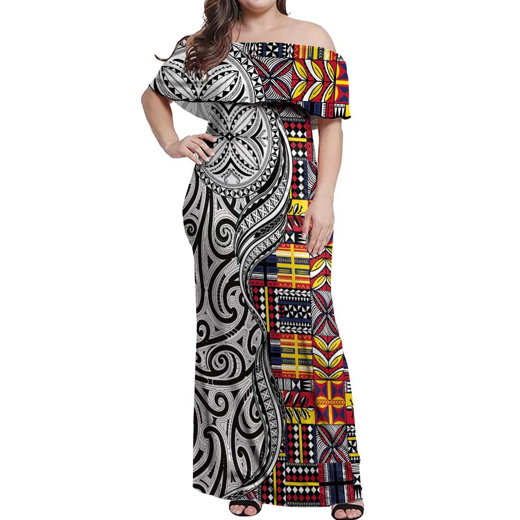 Niue Hiapo and Maori Decoration Tattoos Off Shoulder Maxi Dress LT03 Women White - Polynesian Pride