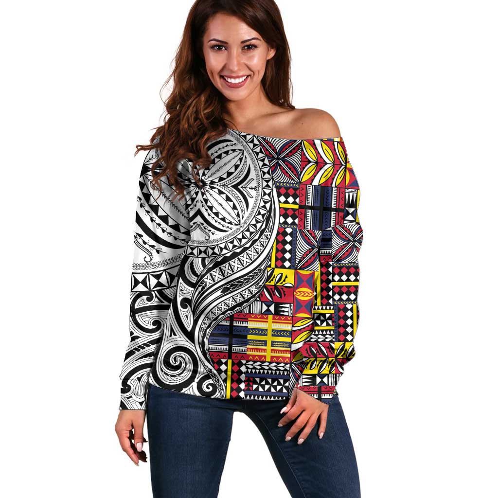 Niue Hiapo and Maori Decoration Tattoos Off Shoulder Sweater LT03 Women White - Polynesian Pride