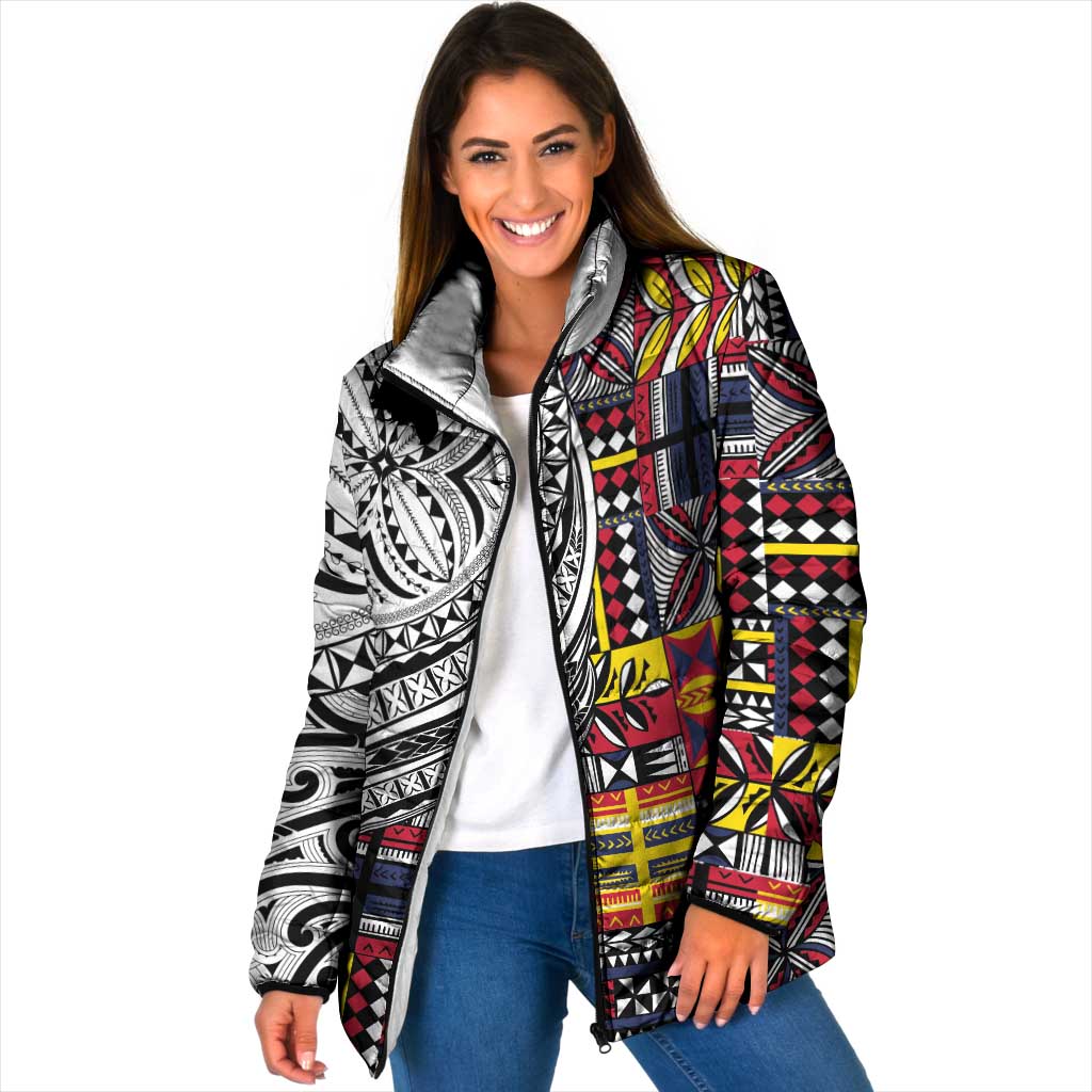 Niue Hiapo and Maori Decoration Tattoos Padded Jacket LT03 Women White - Polynesian Pride