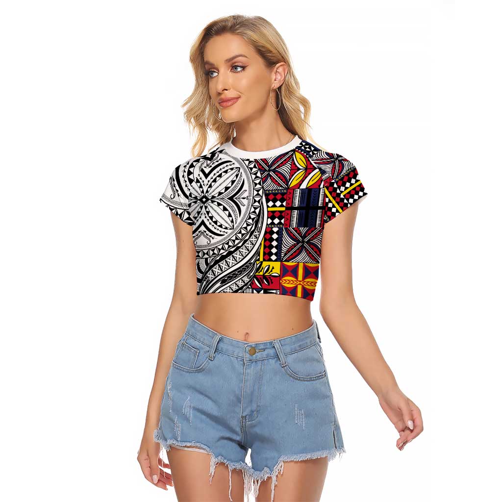 Niue Hiapo and Maori Decoration Tattoos Raglan Cropped T Shirt LT03 Female White - Polynesian Pride