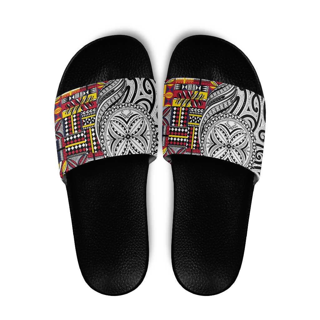 Niue Hiapo and Maori Decoration Tattoos Slide Sandals LT03 White - Polynesian Pride