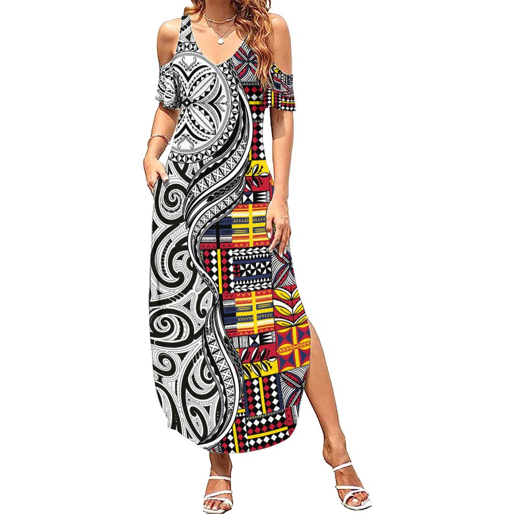 Niue Hiapo and Maori Decoration Tattoos Summer Maxi Dress LT03 Women White - Polynesian Pride