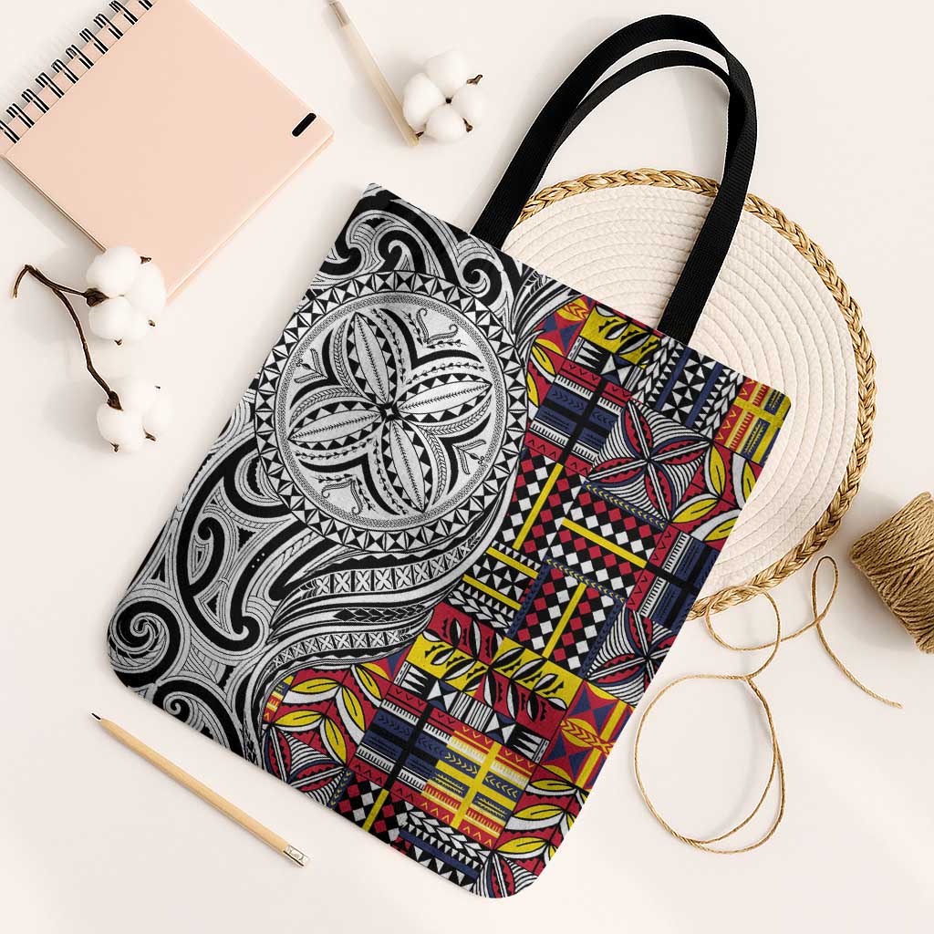 Niue Hiapo and Maori Decoration Tattoos Tote Bag LT03 Black Strap One Size White - Polynesian Pride