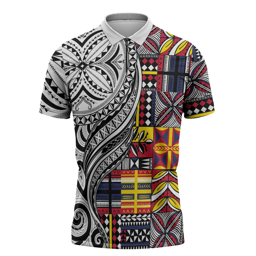 Niue Hiapo and Maori Decoration Tattoos Zipper Polo Shirt LT03 White - Polynesian Pride