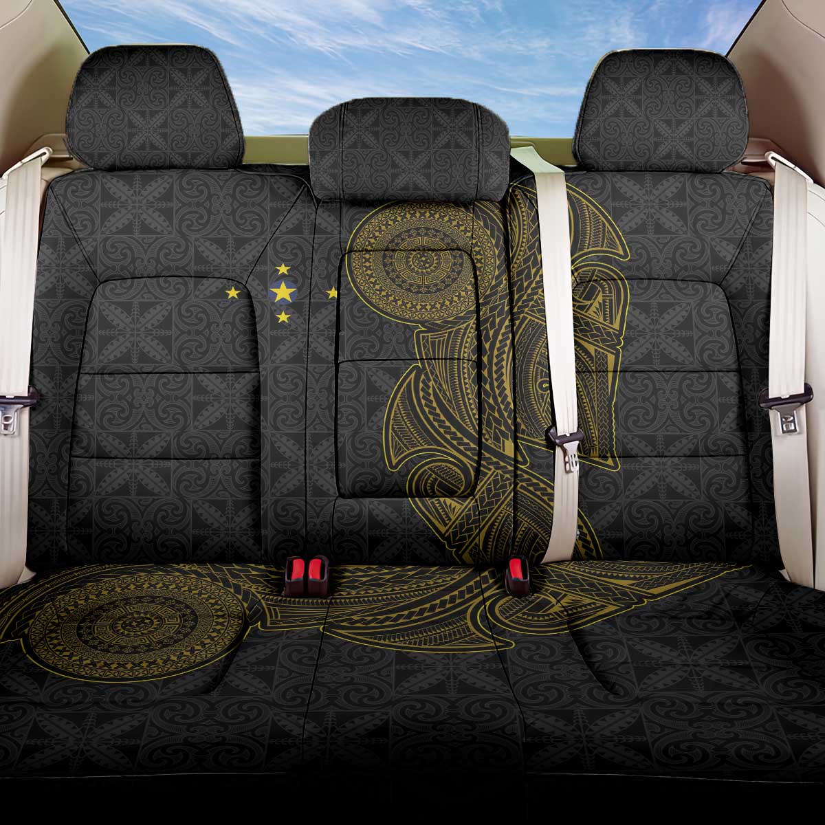 Niue Polynesian Hiapo Tattoo Art Back Car Seat Cover Half Style Black Gold Color LT03 One Size Black - Polynesian Pride